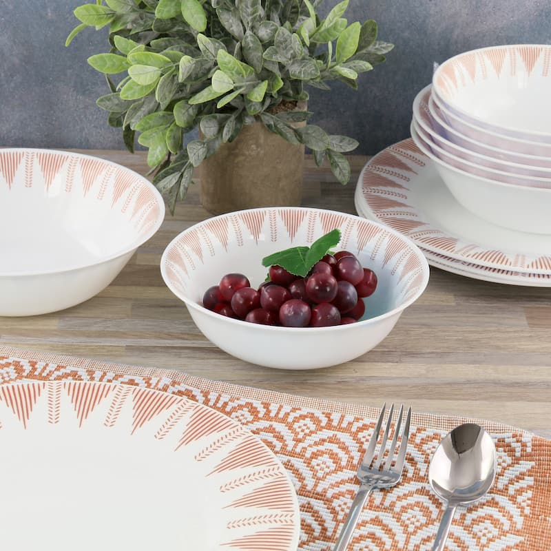 12 Piece Opal Glass Dinnerware Set in White With Red Accents