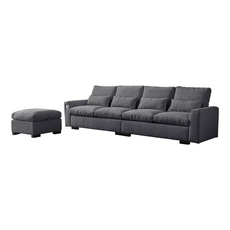 114.5" Modern Chenille L Shaped Sofa With Reversible Ottoman,Sectional Couch With USB Ports & Cup Holder