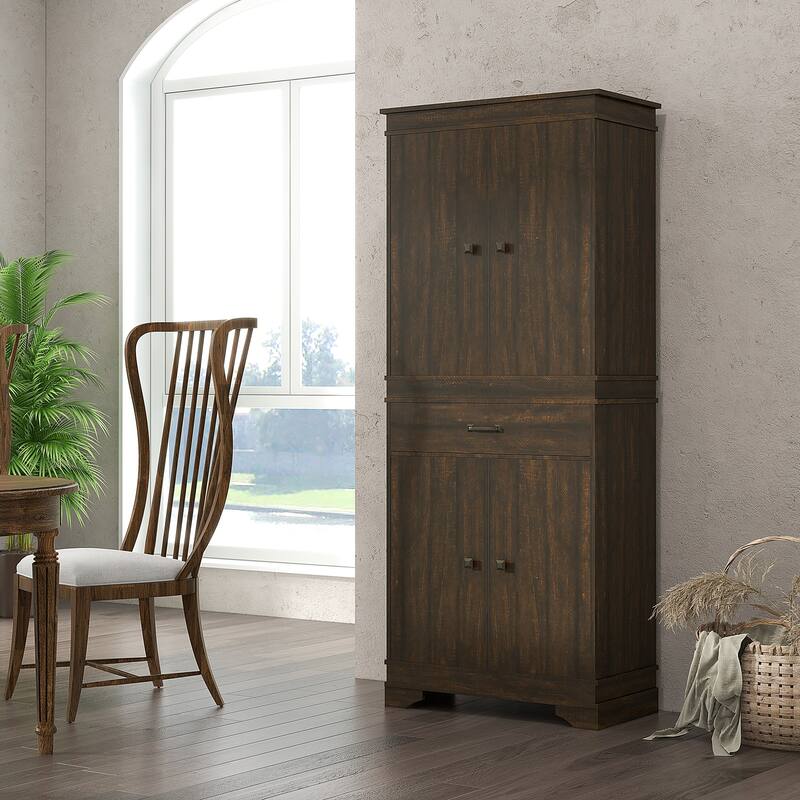 HOMCOM 72" Farmhouse Kitchen Pantry, 4-Door Rustic Storage Cabinet with Drawer and 3 Shelves, Walnut