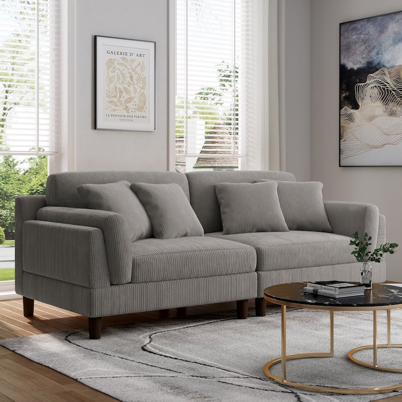 90" Corduroy Sectional Sofa Lounge Sleeper Sofa - Light Grey Set&4 Pillows