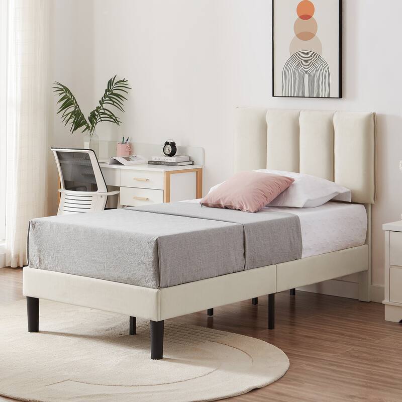 VECELO Beige Tufted Upholstered Platform Bed Frame with Adjustable Height Headboard-Twin/Full/Queen Size Beds