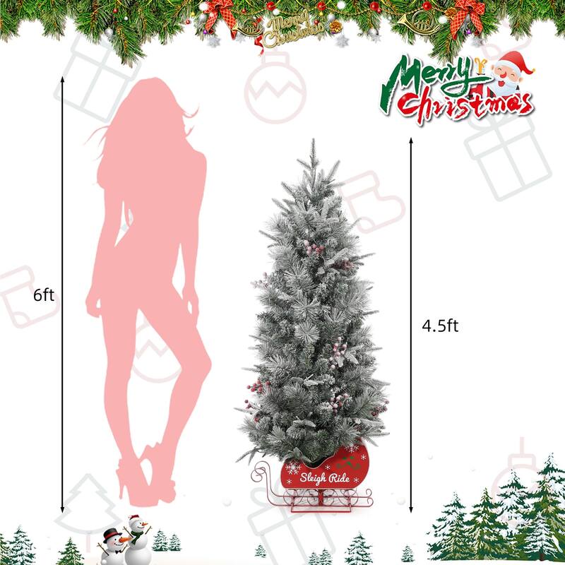 2Pcs 4.5 Ft Pre-Lit Artificial Christmas Tree with 85 Clear Lights,Timer,Pine Cones and Sleigh Base
