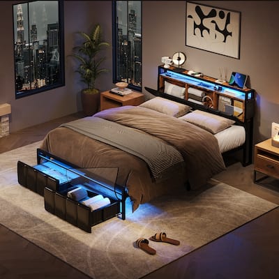 Bed Frame Storage Platform Bed with Charging Station Headborad and LED Ligths