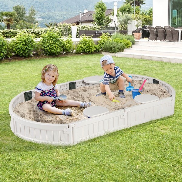 Costway 6F Wooden Sandbox with Built-in Corner Seat, Cover, Bottom