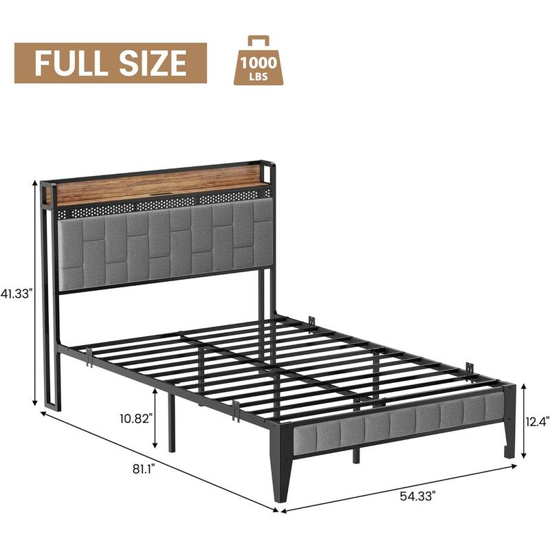 Gray Upholstered Bed Frame with LED Lights, Charging Station & Storage Headboard, No Box Spring Needed