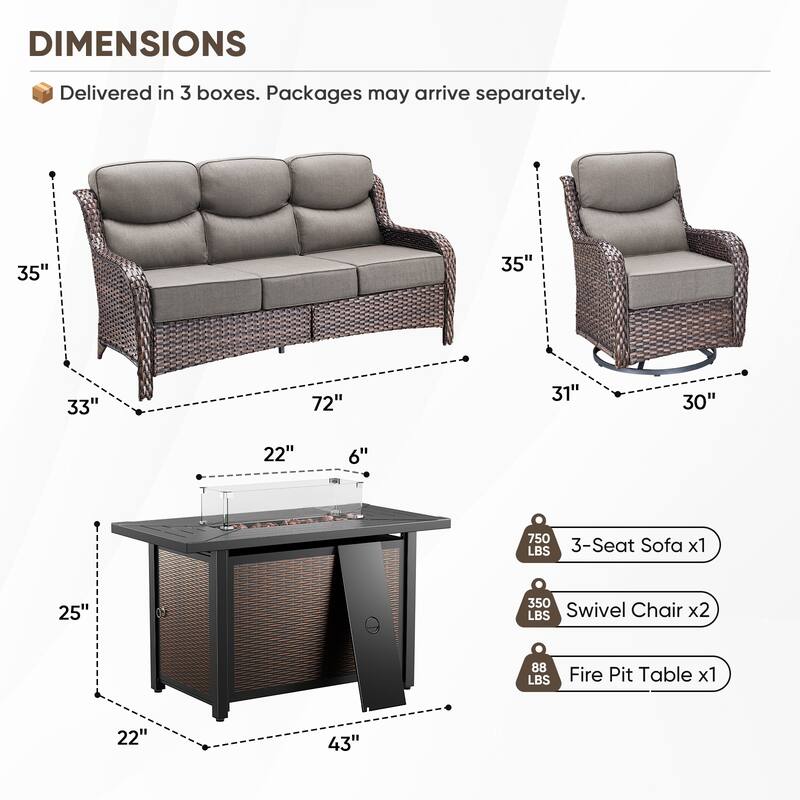 Pocassy Patio Sofa Swivel Chairs w/ 43in Fire Pit Table Set