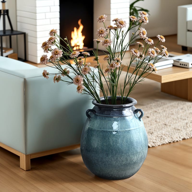 Rippled Blue with Brown Round Ceramic Vase, Home Decor Tabletop & Floor Accent