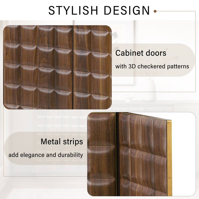 Modern 4-Door Wood Storage Cabinet with 3D Geometric Doors, Metal Trim & Adjustable Shelves for Living Room or Office