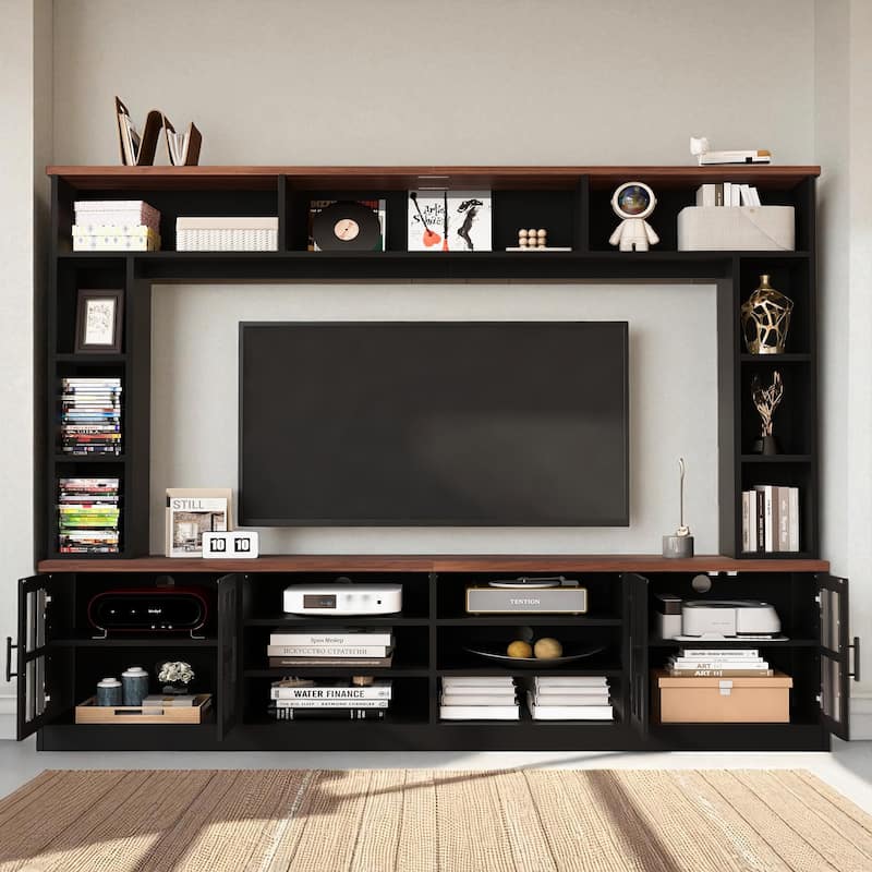 95.5" Wall Unit Entertainment Center for TVs up to 80", Modern Media Console with Bookshelves, Glass Doors, Adjustable Shelves - Black