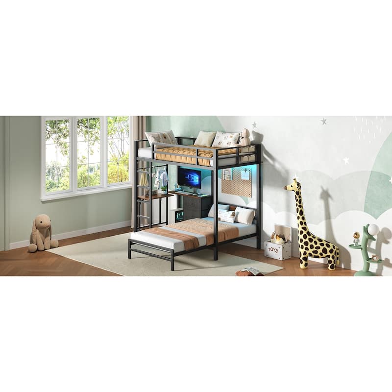 Metal Bunk Bed with Folding Table, 3 Storage Drawers, LED Lights & USB Ports