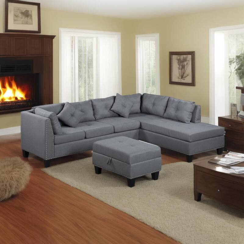 104.5" Gray Upholstered Sofa Set with Comfortable Coin-Spring Cushions, Sturdy Frame, Chaise Lounge, Versatile Storage Ottoman