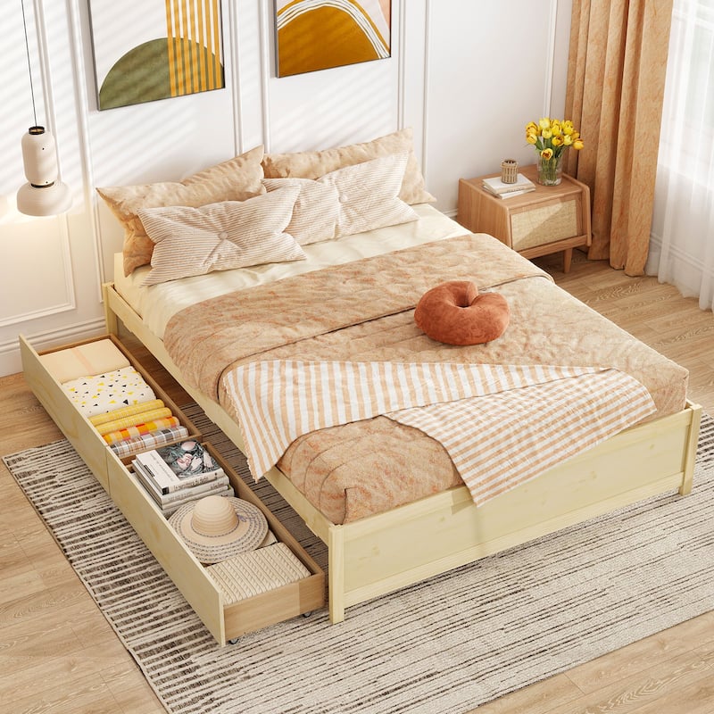 Full Size Wooden Platform Bed Frame with Storage Drawers Solid Wood Slatted Captain Bed No Box Spring Needed
