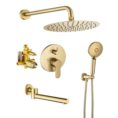 Rainlex Wall-Mounted Three Function Shower System, Rainfall Shower Head, Retractable Tub Spout, Brushed Gold