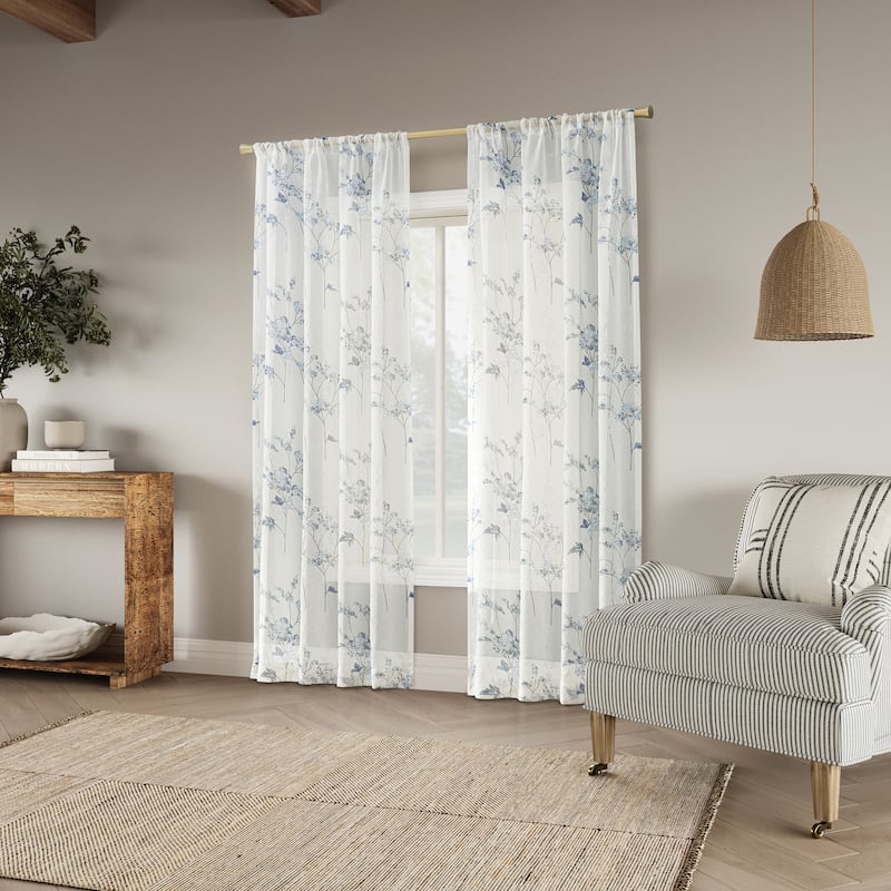 No. 918 Margot Botanical Print Sheer Rod Pocket 1-Piece Curtain Panel, Single Panel