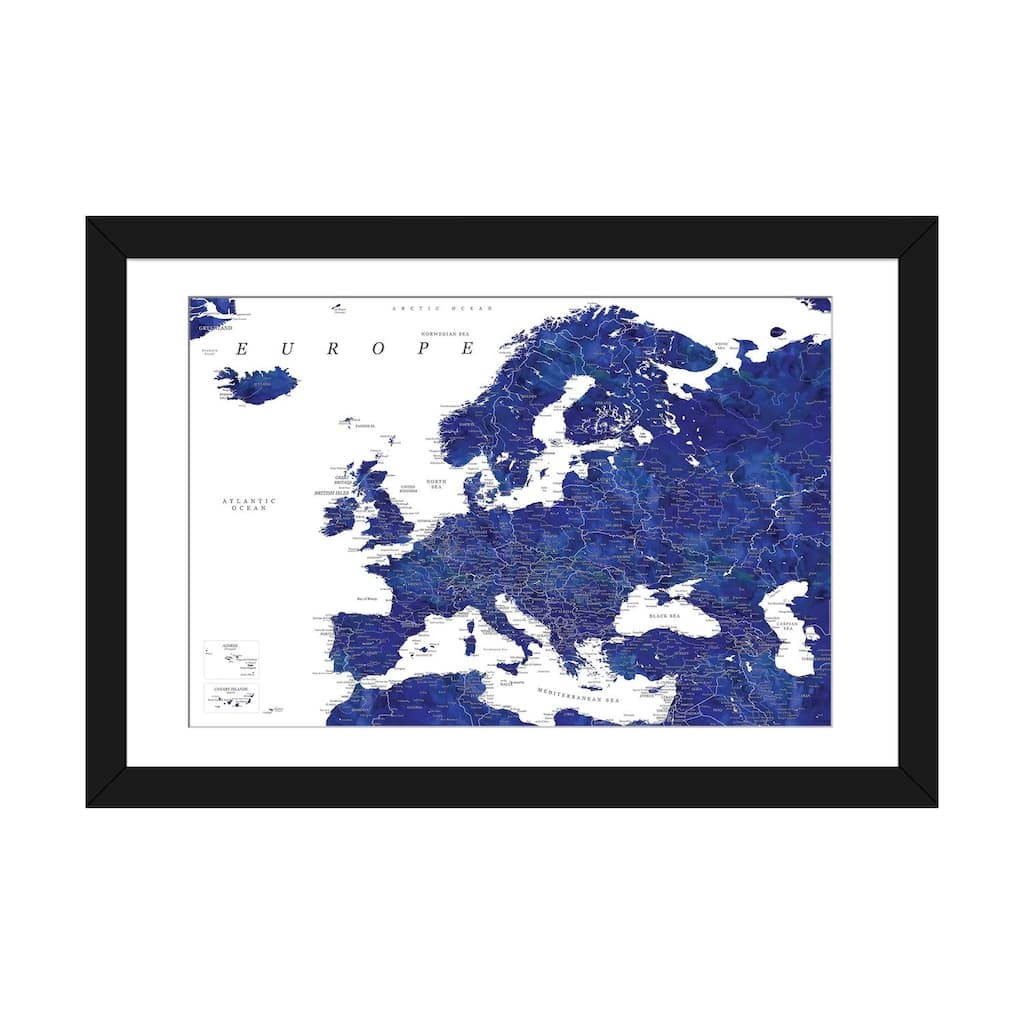 iCanvas "Detailed Europe Map In Navy Blue" by blursbyai