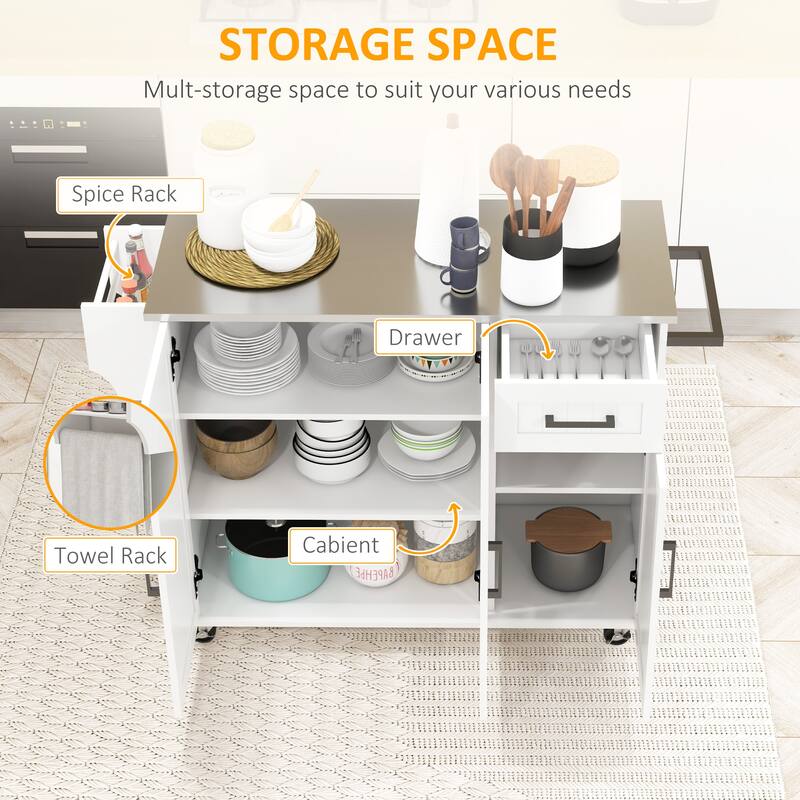 Rolling Kitchen Cart with Drawer, Towel Rack and Adjustable Shelves