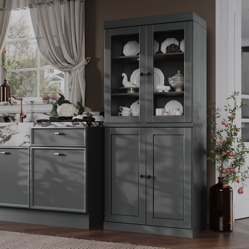 Palace Imports 100% Solid Wood Pantry Cabinet with Frosted, Clear Glass or Solid Doors and Adjustable Shelves