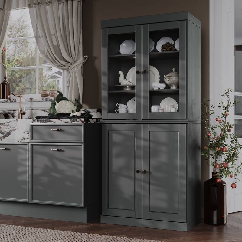 Palace Imports 100% Solid Wood Pantry Cabinet, Raised Panel & Clear Glass Doors, Adjustable Shelves, 32" Wide, 71.5" Tall - Gray