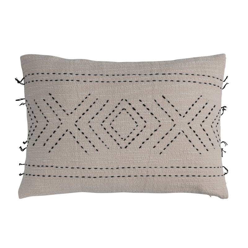 Hand-Embroidered Cotton Lumbar Pillow with Kantha Stitch - Accent - 24.0"L x 16.0"W x 0.3"H - Polyester - Natural - Single