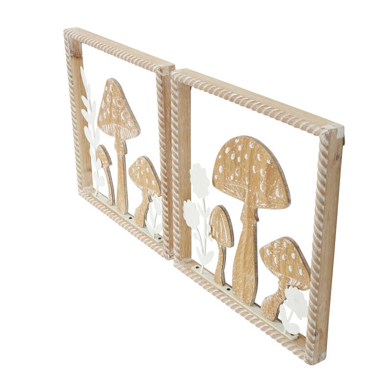 Wooden Mushroom Cutout Home Wall Decor with Carved Twisted Frame and White Floral Accents - Set of 2 Brown - Roche River Decor