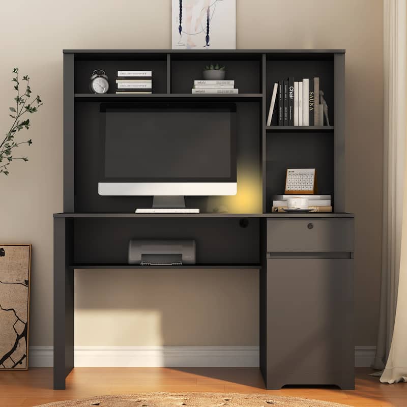Computer Desk with Hutch & Bookshelf, Wood Executive Desk with Drawers, 3 AC Outlets and 2 USB Charging Ports