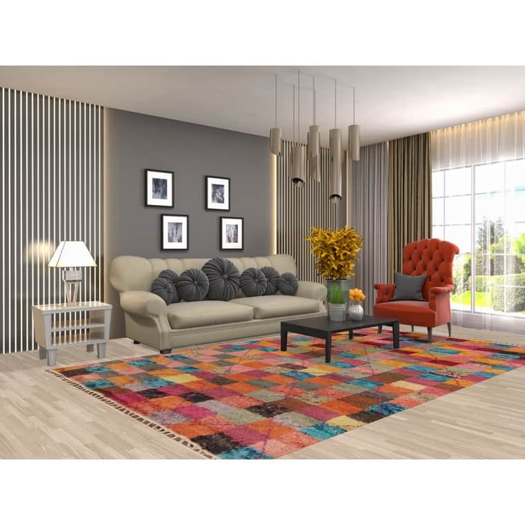 Checkered Plush Moroccan Oriental Area Rug Handmade Wool Carpet - 6'6" x 10'9"