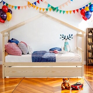 Full Size Wooden House Bed Platform Bed with Twin Size Trundle and Solid Construction For Home