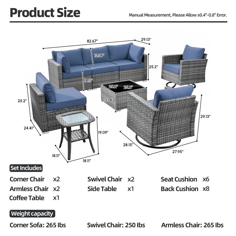 XIZZI 8-Piece Outdoor Patio Wicker Furniture Set with Swivel Chair