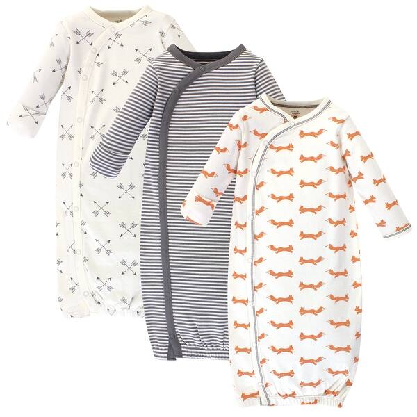 slide 1 of 1, Touched by Nature Baby Organic Cotton Side-Closure Snap Long-Sleeve Gowns 3pk, Fox 0-6 Months - Fox