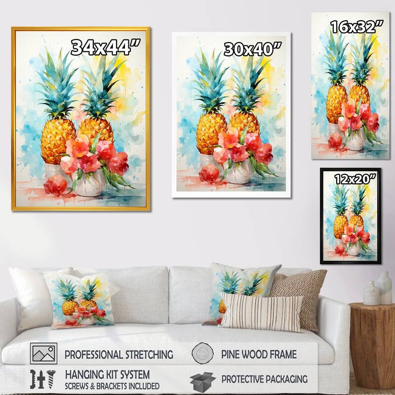 Designart "Aquarel Pineapple Painting" Pineapples Wall Décor Green - Traditional Canvas Wall Art For Home