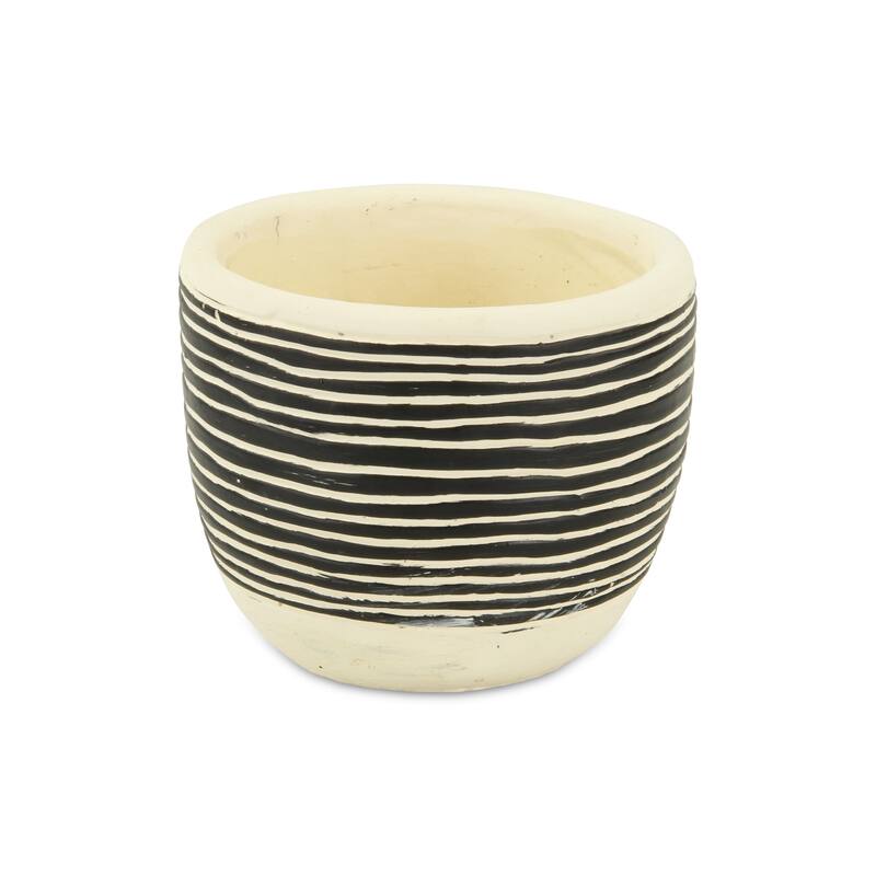 HomeRoots Black And White Ceramic 39 Ounce Striped Round Distressed Pot Planter - 5.75 in. x 4.75 in. x 5.75 in.
