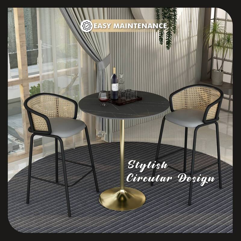 LeisureMod Verve 36" Bar Dining Table with Sintered Stone Round Top in Gold Steel, Gold Marbleized