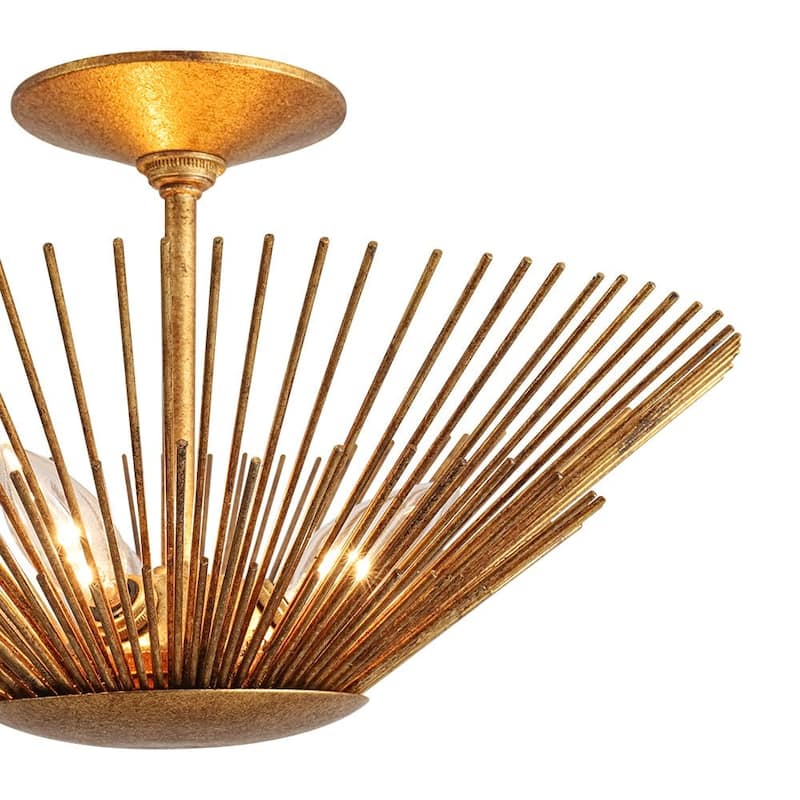 3-Light Vintage Luxe Gold Leaf Sunburst Semi Flush Ceiling Light