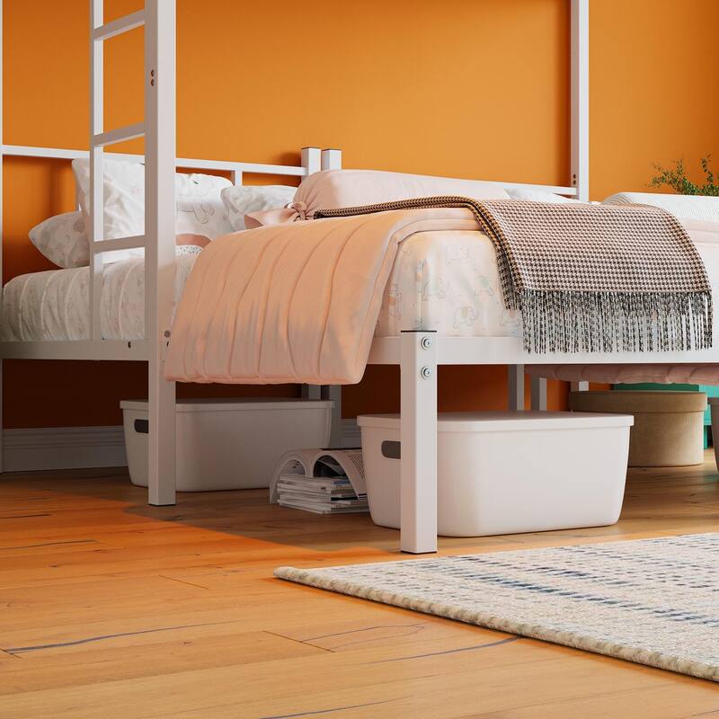 Convertible Triple Twin Metal Bunk Bed with Safety Guardrails and Ladder, Space-Saving Design for Dorm or Guest Room, White