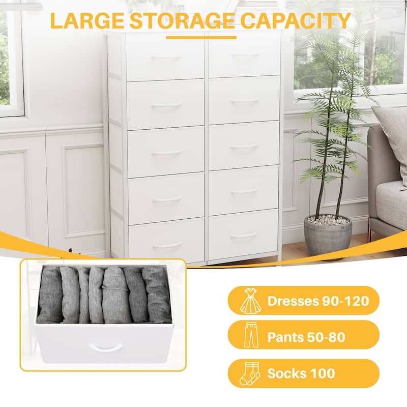 Dresser for Bedroom, 10 Storage Drawers, Anti-Tip Tall Fabric Closet Chests Organizer Tower Furniture Wooden Top Metal Frame