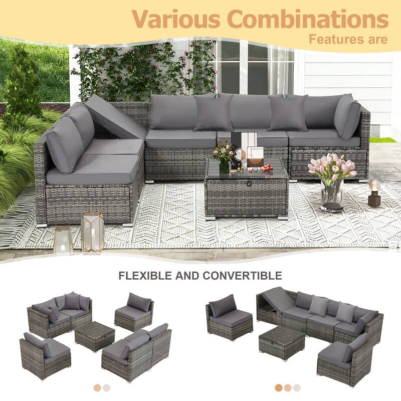 EROMMY 6/7 Piece Modular Outdoor Rattan Sofa Set, All-Weather Wicker Patio Furniture with Storage Table, Cushions & Pillows