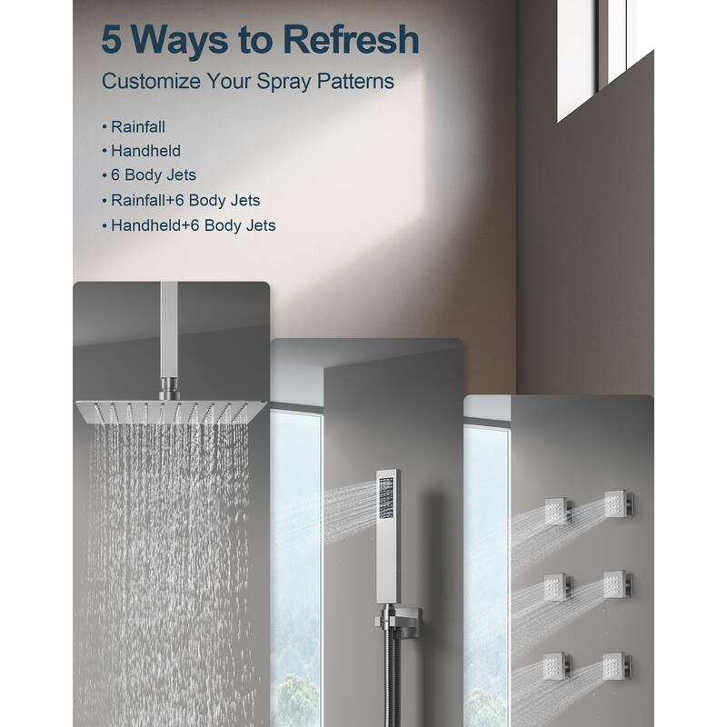 GRANDJOY 12'' Ceiling-Mount Shower System Rainfall Showerhead with Anti-Scald Valve