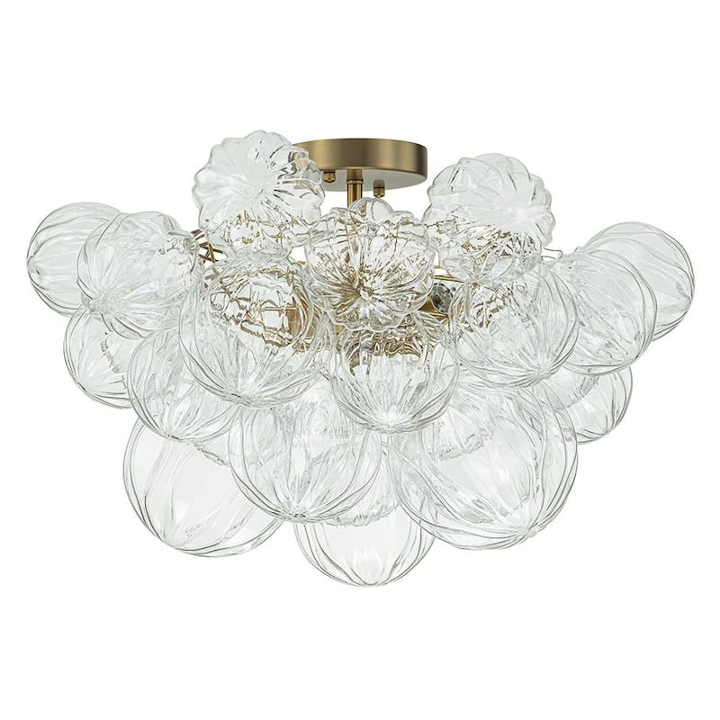 Brass 3-Light Faceted Glass Globe Cluster Bubble Semi Flush Mount
