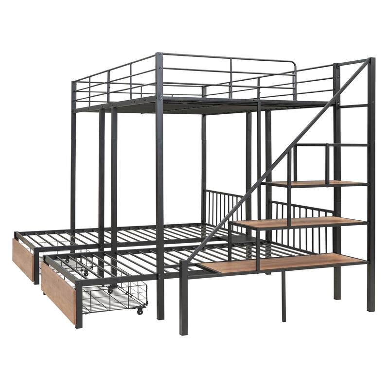 Full Over Twin-Twin Triple Bunk Bed with Drawers and Staircase, Black
