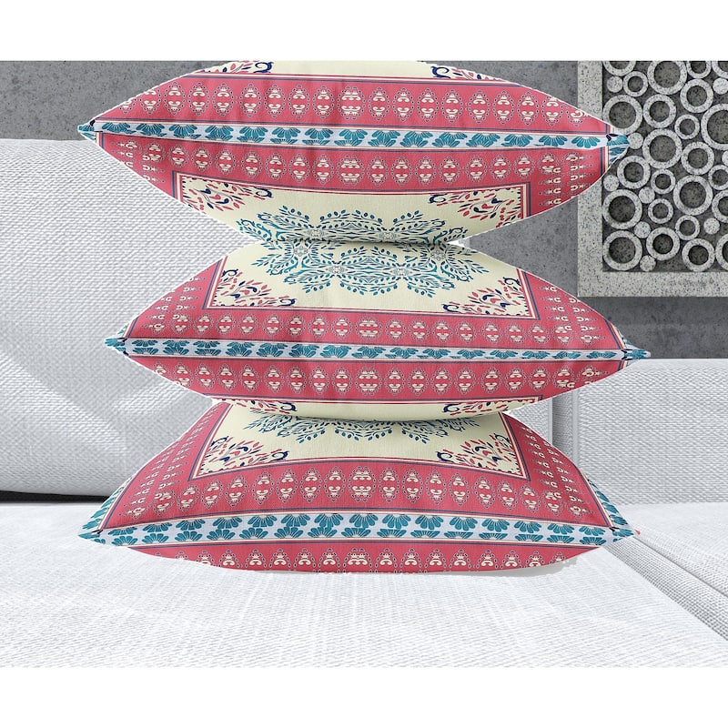 HomeRoots 26" X 26" Cream And Blue Blown Seam Damask Indoor Outdoor Throw Pillow