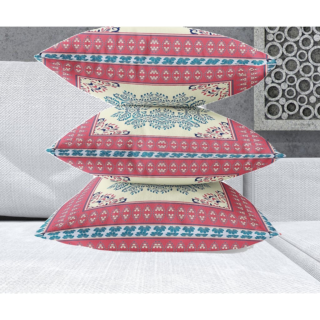 HomeRoots 26" X 26" Cream And Blue Blown Seam Damask Indoor Outdoor Throw Pillow