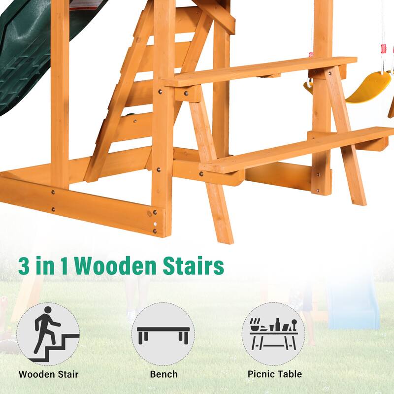 Cedar Wood Outdoor Swing Set 3 in 1 Swing Set, Outdoor Children's Playset with Slide, 2 Swings and Climber for Backyard