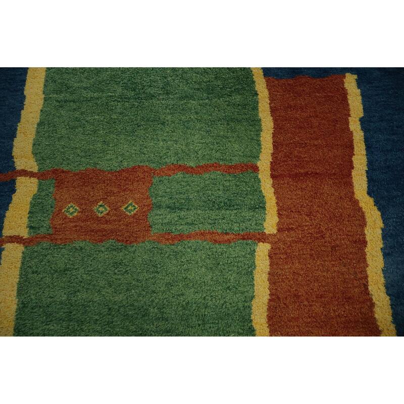 Hand Knotted Oriental 100% Wool Carpet Modern Geometric Green Gabbeh Area Rug - 5' 11'' X 4' 2''