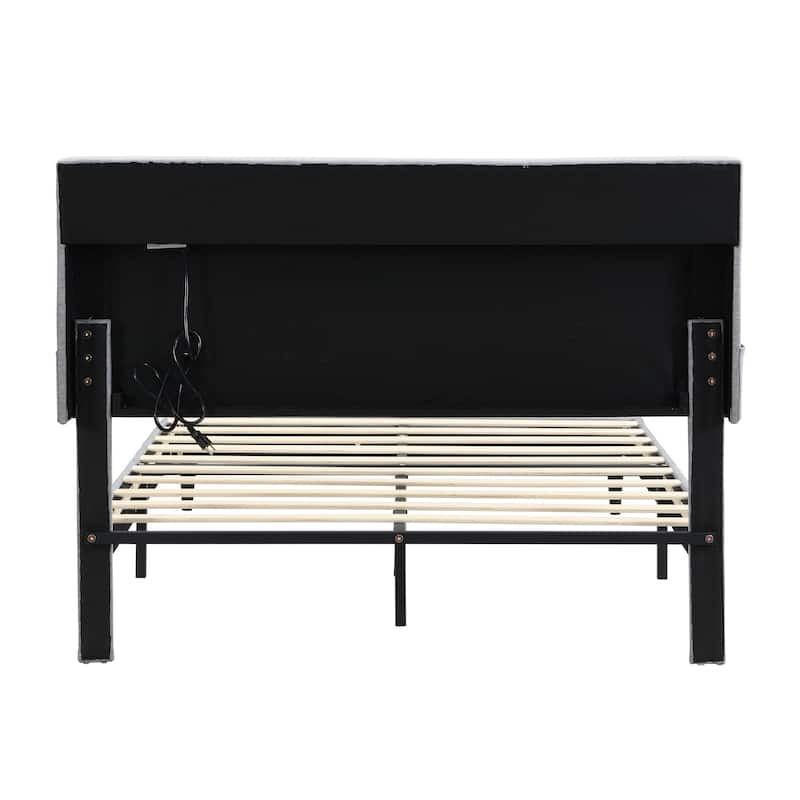 Queen-Size Upholstered Platform Bed Frame with a Modern Button-Tufted Linen Fabric Headboard,USB Ports,Charging Station