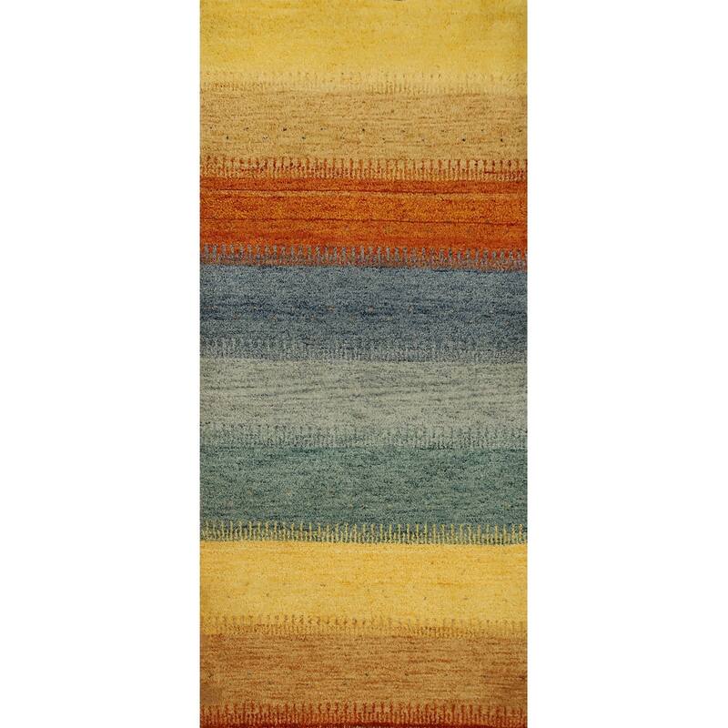 Hand Knotted Oriental 100% Wool Carpet Modern Stripe Multi-Colored Gabbeh Area Rug - 5' 10'' X 2' 9''