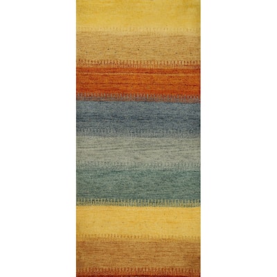 Hand Knotted Oriental 100% Wool Carpet Modern Stripe Multi-Colored Gabbeh Area Rug - 5' 10'' X 2' 9''