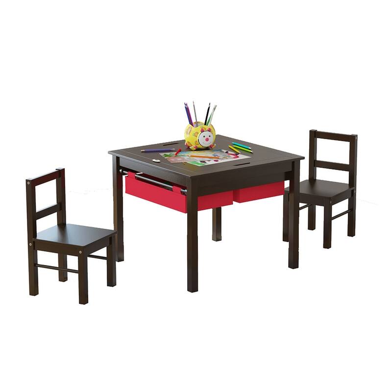 UTEX-2 in 1 Kids Activity Lego Table Set with Storage, Kids Table with 2 Chairs, Espresso with Red Drawer