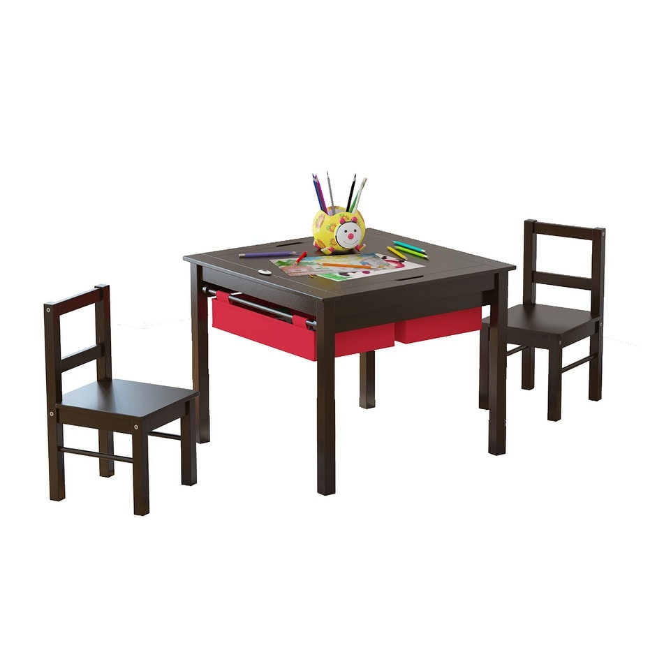 UTEX 2 in 1 Kids Activity Lego Table Set with Storage Kids Table with 2 Chairs Espresso with Red Drawer On Sale Bed Bath Beyond 32622915