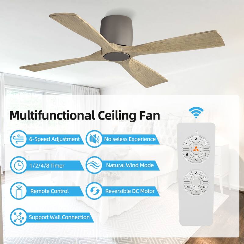 MLiAN 4 Soild Wood Blades Flush Mount Ceiling Fan Remote Control 6-Speed DC