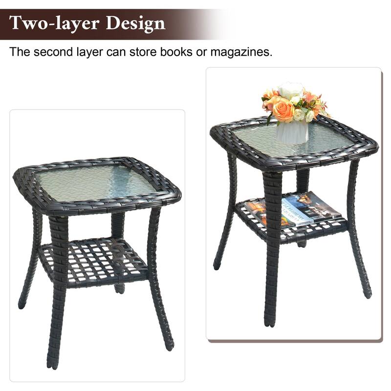 XIZZI Patio Wicker Side Table with Toughened Glass Top